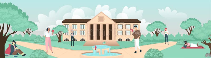 Vector of a mix race students at university campus relaxing and reading books royalty free illustration