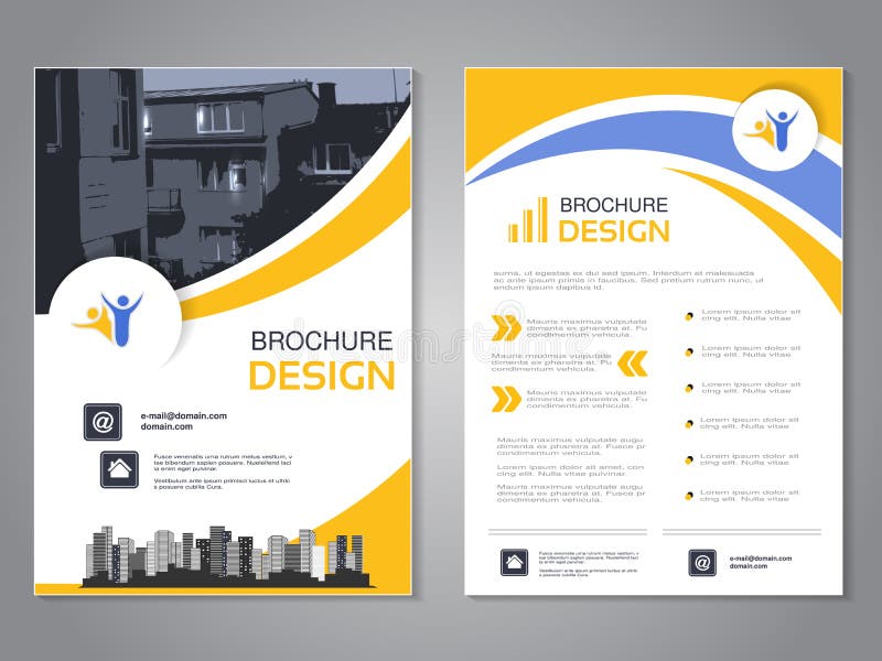Vector modern brochureontwerp, abstracte vlieger met achtergrond van huizen Lay-outmalplaatje met stad Blauw, geel en wit