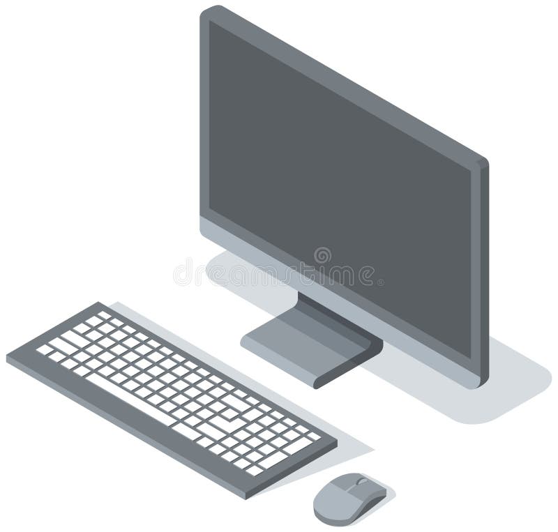 Vector modern desktop computer with blank gray widescreen monitor, wireless keyboard and mouse