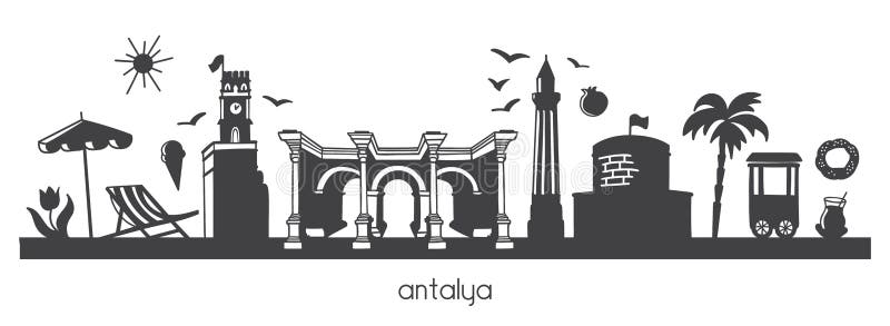 Vector modern illustration Antalya, Turkey with hand drawn doodle turkish symbols. Horizontal panoramic scene for banner or print design. Flat minimalistic style with black elements.