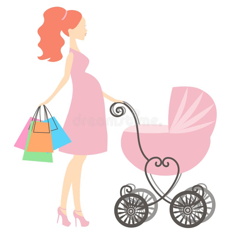Vector moderne schwangere Mama mit rosa Weinlesekinderwagen, Fraueneinkaufsonline-shop, Logo, Schattenbild, stock abbildung Vector moderne schwangere Mama mit rosa Weinlesekinderwagen, Fraueneinkaufsonline-shop, Logo, Schattenbild, stock abbildung