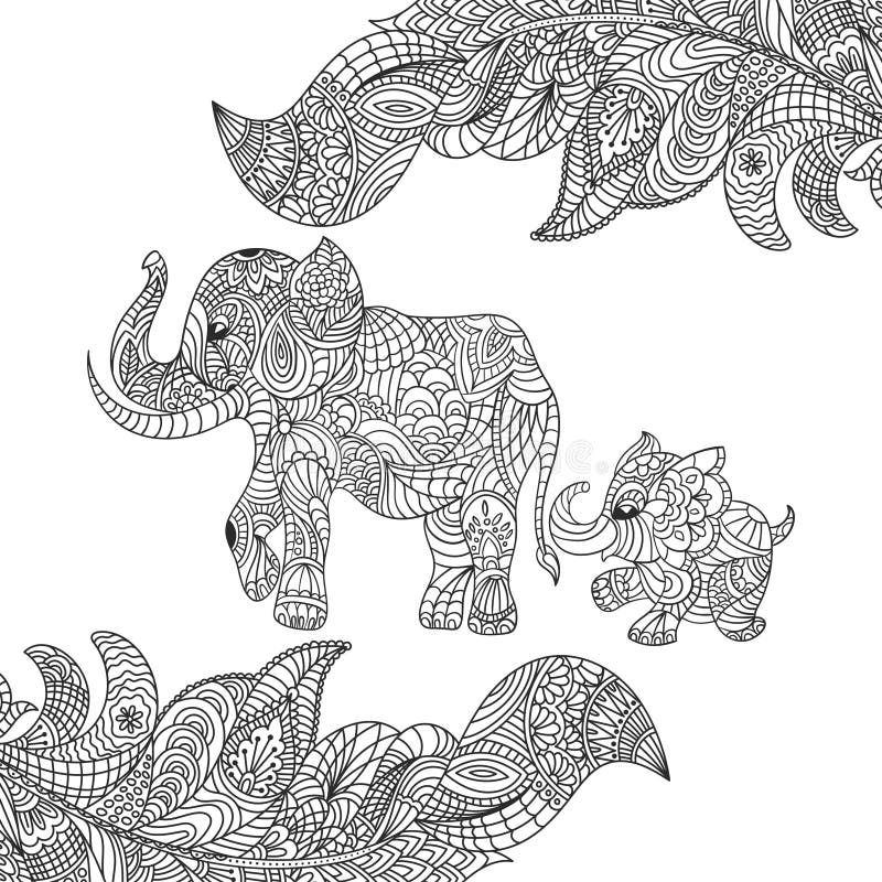Vector monochrome hand drawn zentagle illustration of an elephant and baby elephant. Coloring page with high details isolated on white background. Boho style.