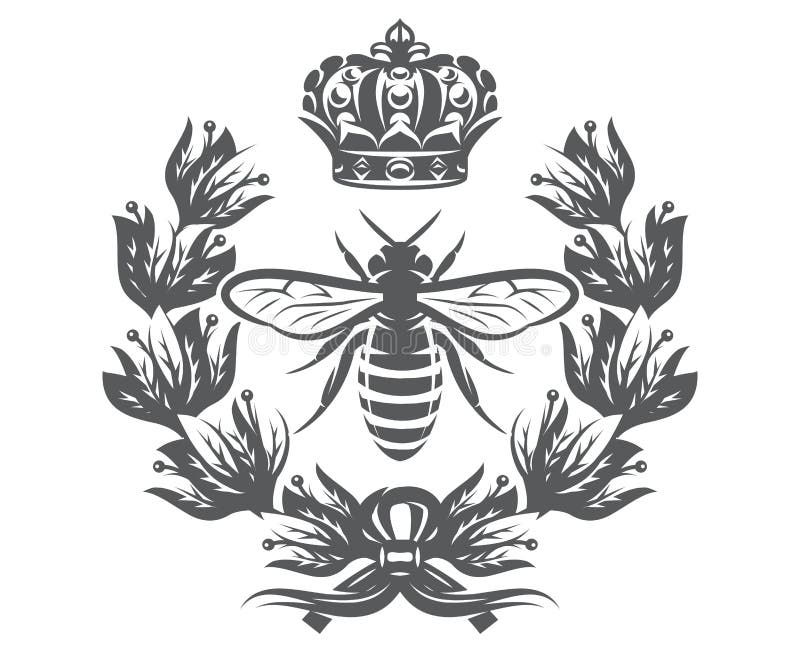 Vector monochrome illustration with bee, imperial crown and laurel wreath vector illustration