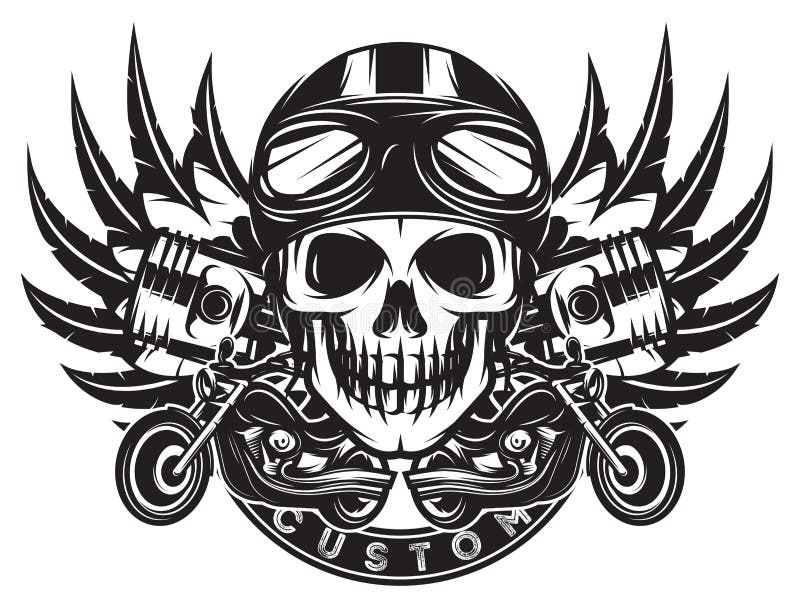 Vector Monochrome Image on Motorcycle Theme with Skull, Wings, Engine ...