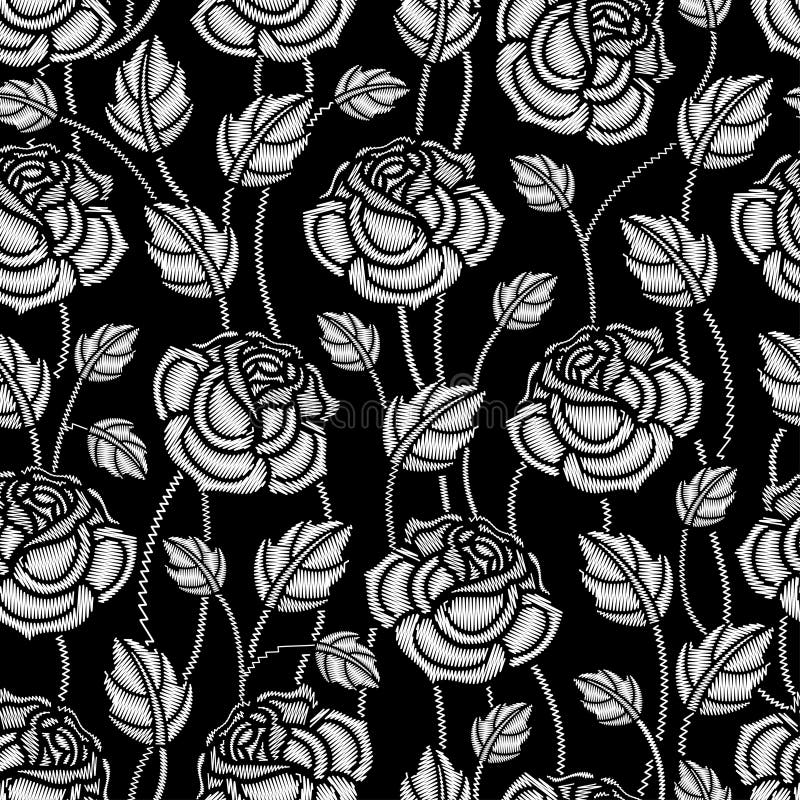 Vector Monochrome Seamless Pattern with Embroidery Rose Flower and