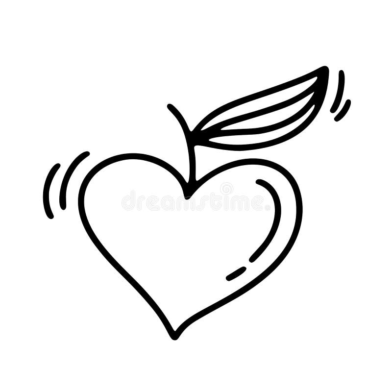 Vector monoline Valentines Day Hand Drawn Calligraphic Apple in form of Heart. Holiday sketch doodle Design element royalty free illustration