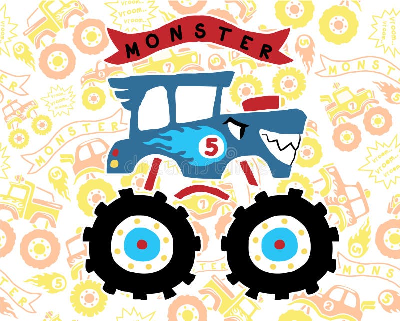 Vector of Monster Truck Cartoon on Seamless Pattern Trucks Background