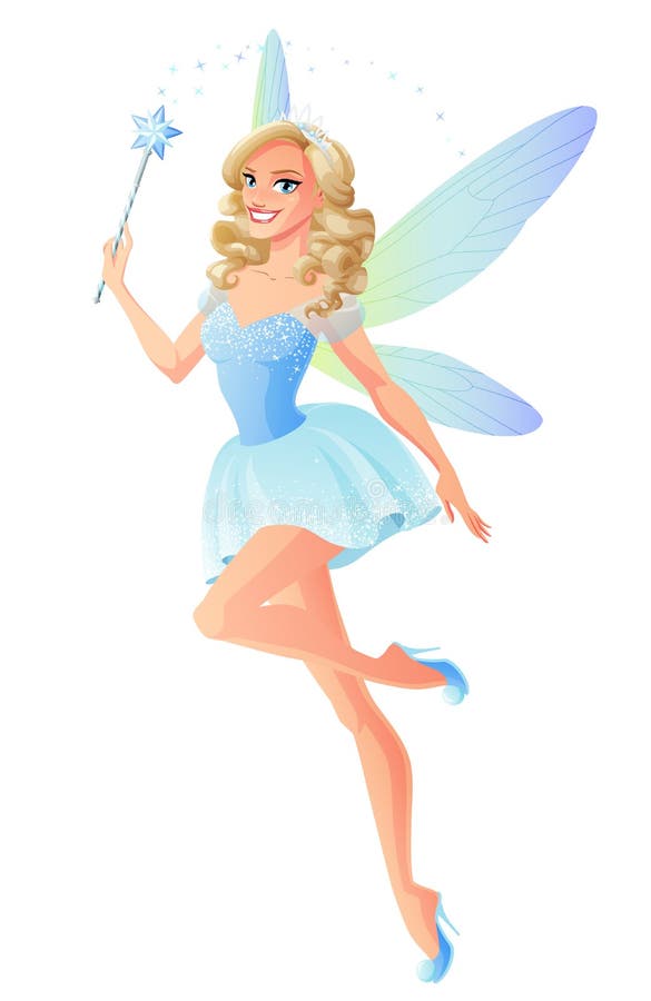 Beautiful blue fairy with magic wand and dragonfly wings. Cartoon style illustration isolated on white background. Beautiful blue fairy with magic wand and dragonfly wings. Cartoon style illustration isolated on white background.