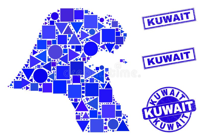 Blue Geometric Mosaic Kuwait Map and Seals vector illustration
