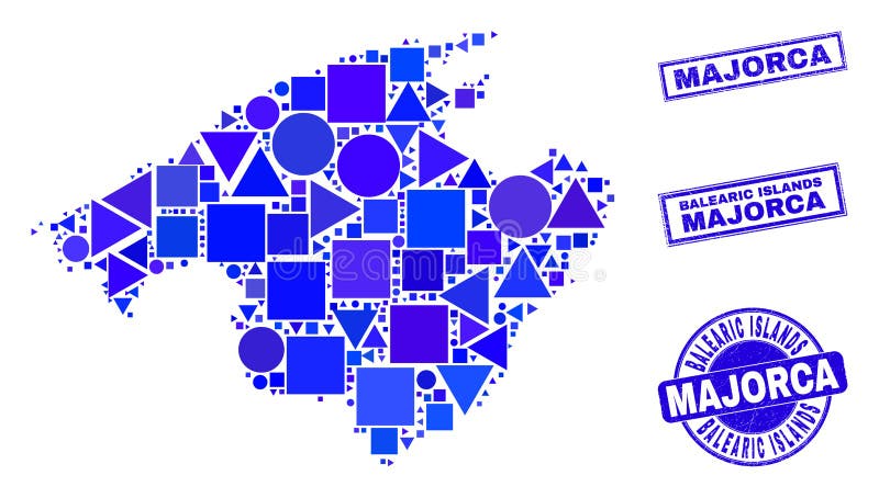Blue Geometric Mosaic Majorca Map and Stamps royalty free illustration