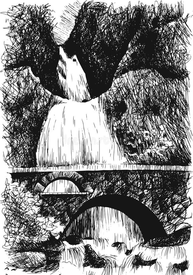 Vector Mountain Landscape with Waterfall by Hatching in Eps, Nat Stock