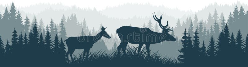 Vector mountains forest woodland background texture seamless pattern with couple of white tailed deers