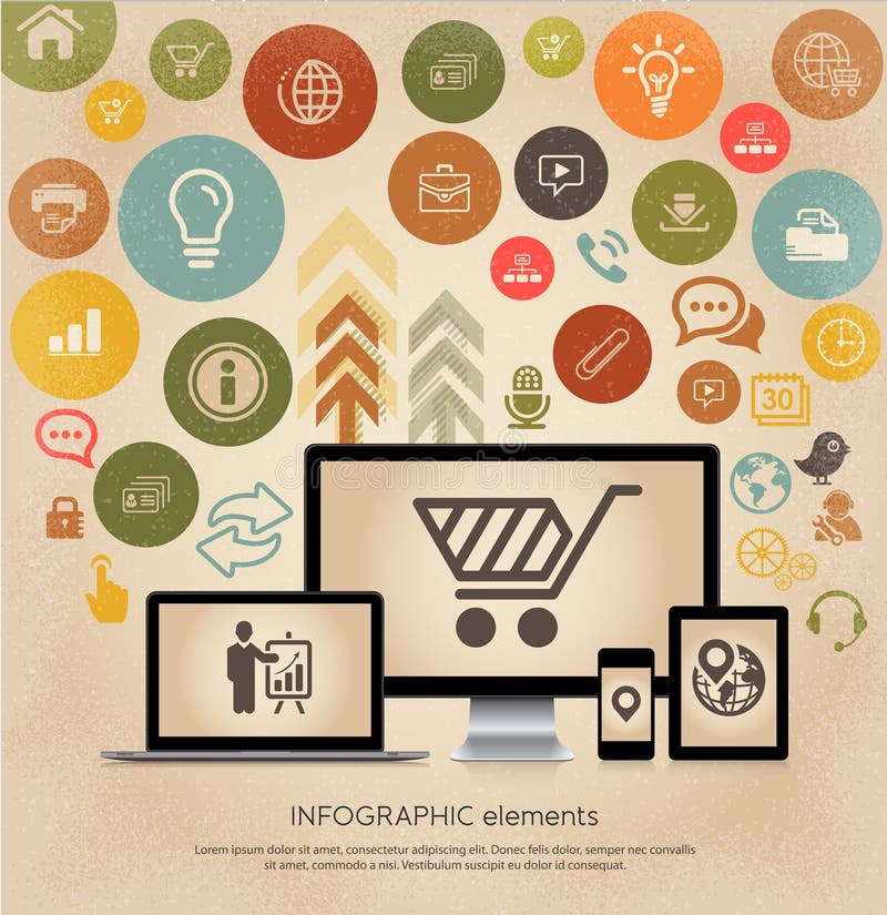 Vector multi devices with web icons interface symbols stock illustration Vector multi devices with web icons interface symbols stock illustration