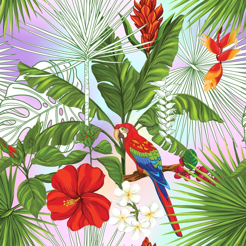 Vector naadloos patroon, achtergrond met papegaai en tropische installaties stock illustratie Vector naadloos patroon, achtergrond met papegaai en tropische installaties stock illustratie