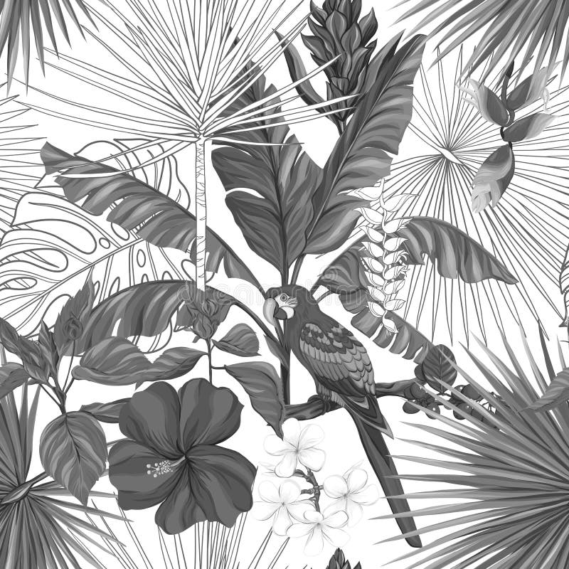 Vector naadloos patroon, achtergrond met papegaai en tropische installaties vector illustratie Vector naadloos patroon, achtergrond met papegaai en tropische installaties vector illustratie