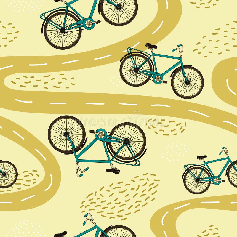 Vector naadloos patroon met fietsen en wegen royalty-vrije illustratie Vector naadloos patroon met fietsen en wegen royalty-vrije illustratie