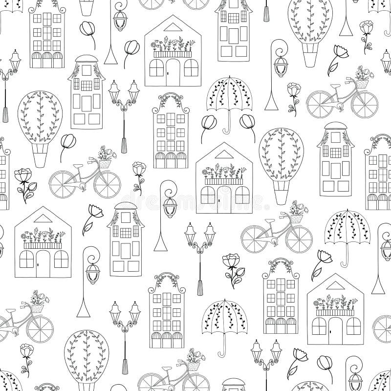 Vector naadloos patroon met hand getrokken symbolen van Nederland stock illustratie Vector naadloos patroon met hand getrokken symbolen van Nederland stock illustratie