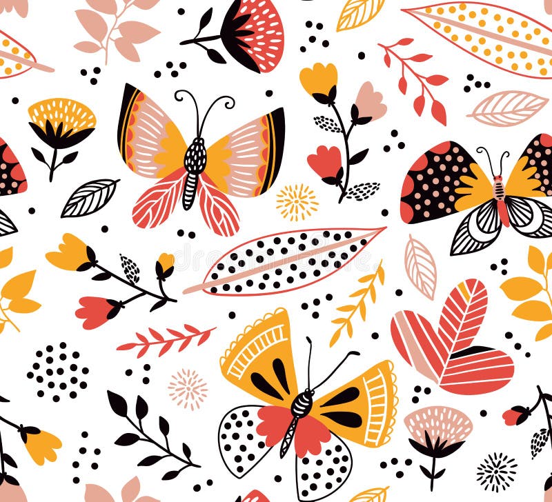 Vector naadloos patroon met leuke vlinders, bloemen en installaties Heldere de zomerachtergrond royalty-vrije illustratie Vector naadloos patroon met leuke vlinders, bloemen en installaties Heldere de zomerachtergrond royalty-vrije illustratie