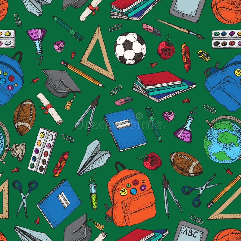 Vector naadloos patroon met terug naar elementen van het school de kleurrijke ontwerp De levering en de hulpmiddelen van de onder vector illustratie Vector naadloos patroon met terug naar elementen van het school de kleurrijke ontwerp De levering en de hulpmiddelen van de onder vector illustratie