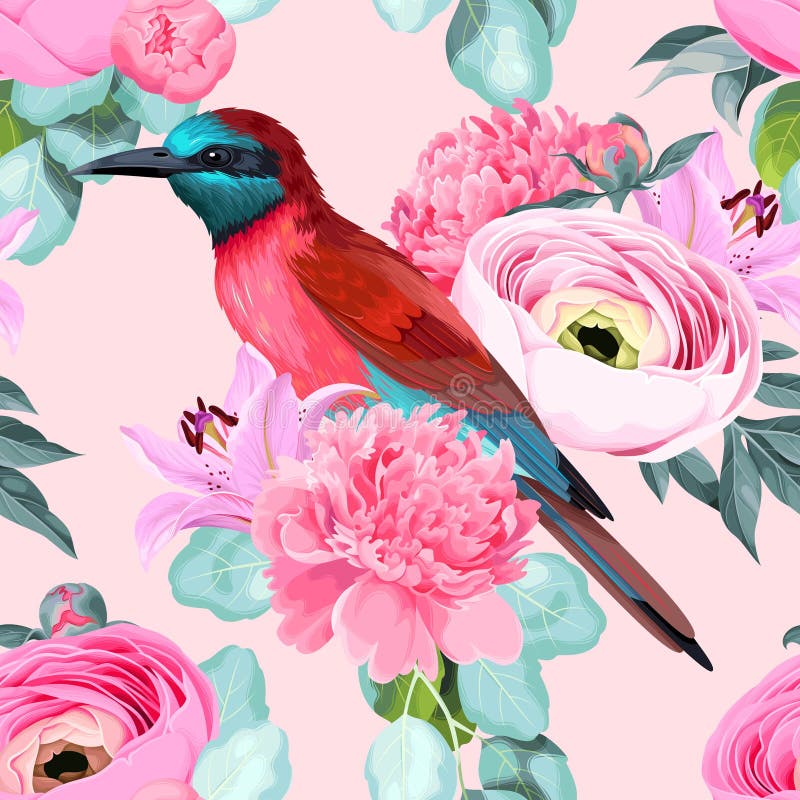 Vector naadloos patroon met vogels en rozen royalty-vrije illustratie Vector naadloos patroon met vogels en rozen royalty-vrije illustratie