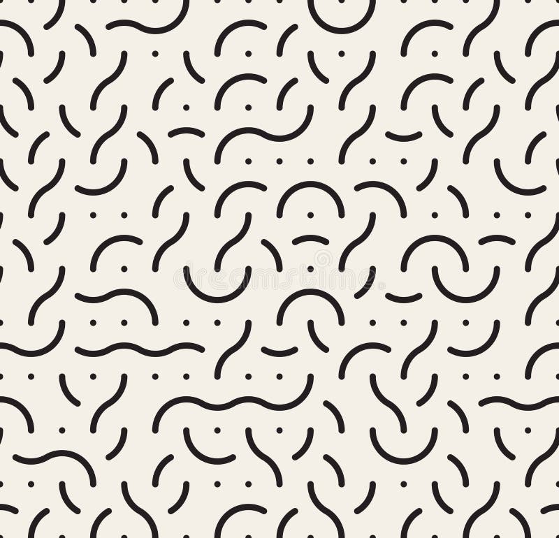Vector naadloos zwart-wit patroon met afgeronde lijnen in Memphis-stijl, door elkaar gehusseld royalty-vrije illustratie
