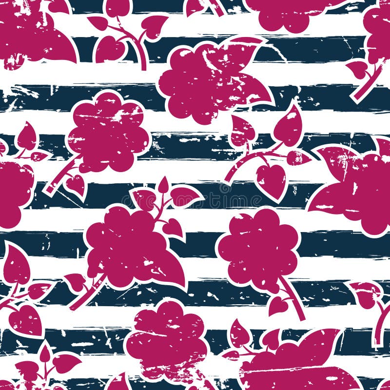 Vector nahtloses Blumenmuster, blaue Streifen des Aquarells und Rosa lizenzfreie abbildung Vector nahtloses Blumenmuster, blaue Streifen des Aquarells und Rosa lizenzfreie abbildung