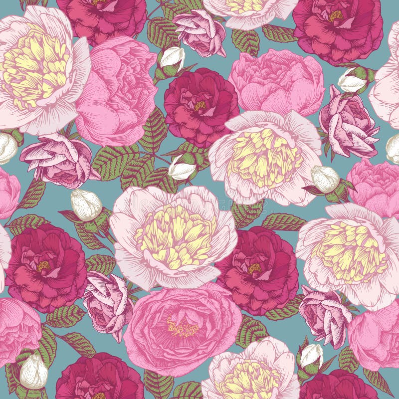 Vector nahtloses mit Blumenmuster mit Pfingstrosen und Rosen stock abbildung Vector nahtloses mit Blumenmuster mit Pfingstrosen und Rosen stock abbildung