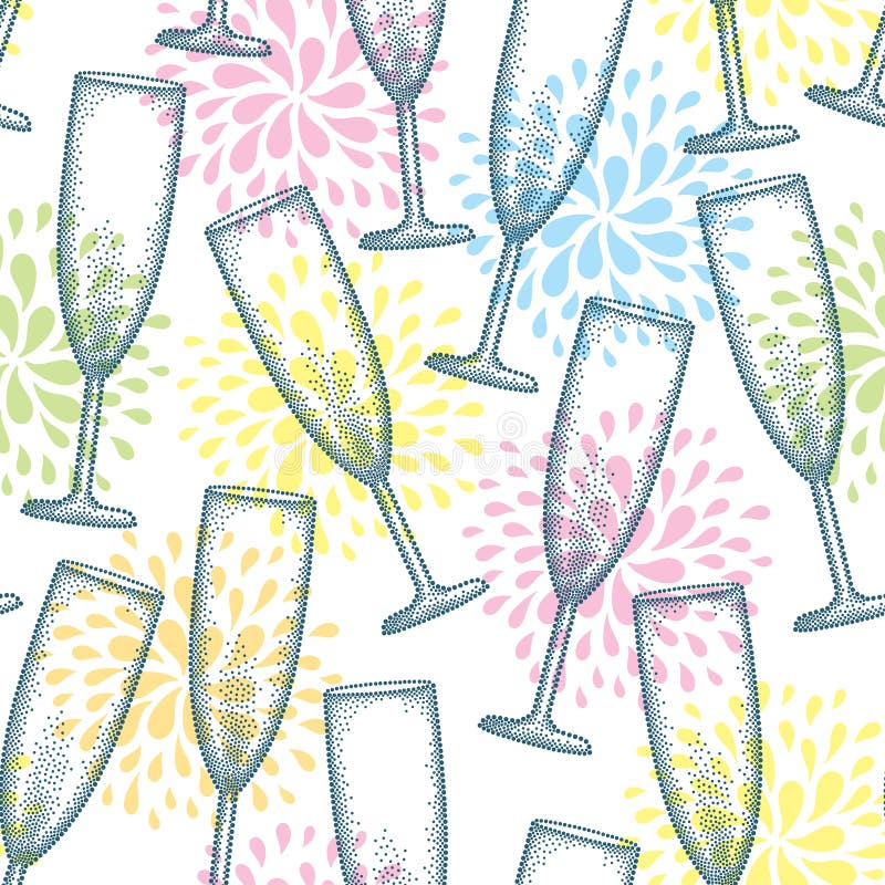 Vector nahtloses Muster mit punktiertem Champagnerglas oder -flöte auf dem weißen Hintergrund mit stilisierten Feuerwerken vektor abbildung