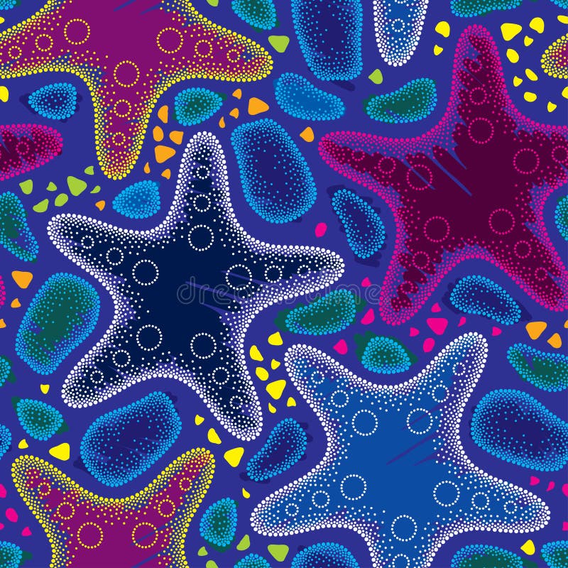 Vector nahtloses Muster mit punktierten Starfish oder Seestern und -kiesel in den psychedelischen Farben auf dem dunkelblauen Hin vektor abbildung Vector nahtloses Muster mit punktierten Starfish oder Seestern und -kiesel in den psychedelischen Farben auf dem dunkelblauen Hin vektor abbildung