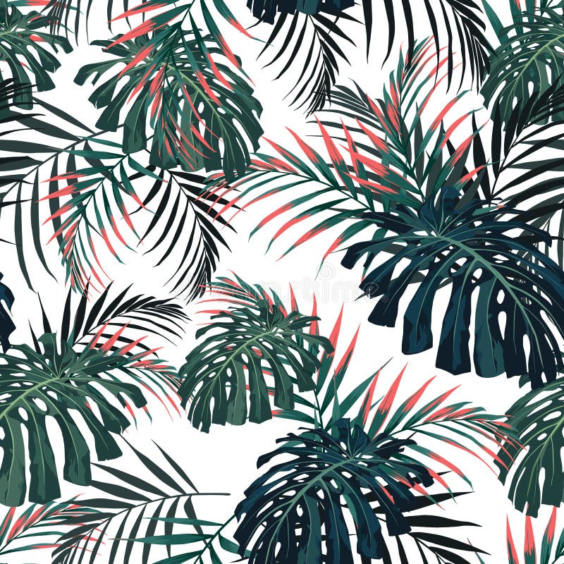 Vector nahtloses tropisches Muster, klares tropisches Laub, mit Palme monstera Blättern modernes helles Sommerdruckdesign lizenzfreie abbildung
