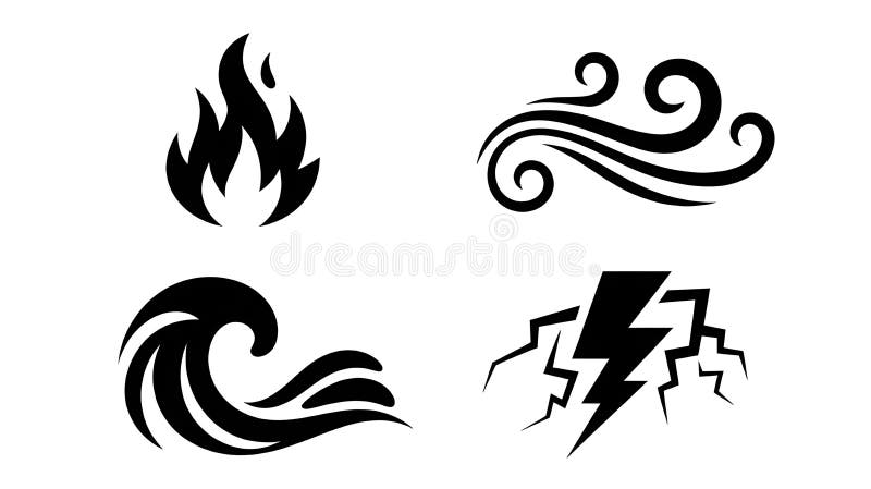 Vector natural elements (water, fire, wind, lightning) stock illustration