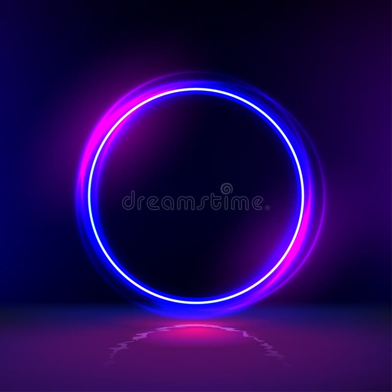 Neon Gloving Ring in Dark Room. Round Light Frame for Text. Dark