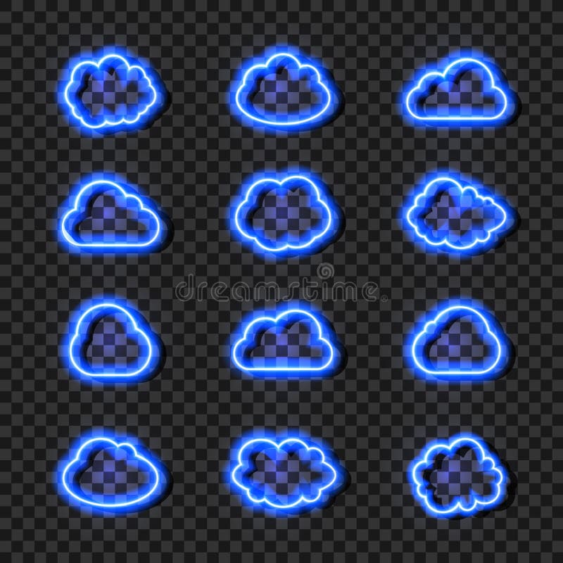 Vector Neon Shining Clouds Set, Glowing Bright Blue Lines, Collection, Isolated. vector illustration