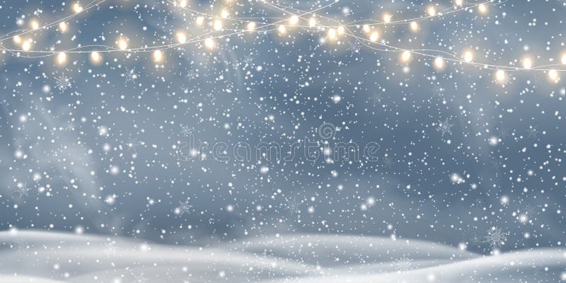 Vector night Christmas, Snowy landscape with light garlands, snow, snowflakes, snowdrift. Happy new year. Holiday winter stock illustration