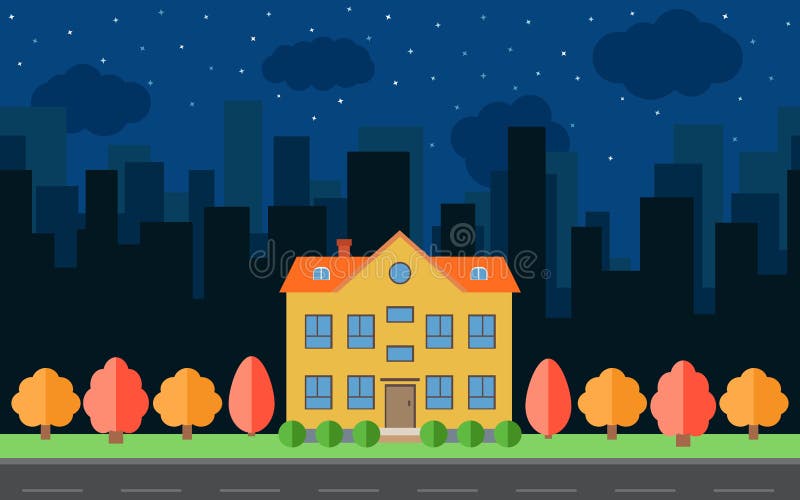 Vector Night City with Cartoon Houses and Buildings. City Space with Road on Flat Style Background Concept Stock Vector - Illustration of abstract, background: 82911334 Vector Night City with Cartoon Houses and Buildings. City Space with Road on Flat Style Background Concept Stock Vector - Illustration of abstract, background: 82911334