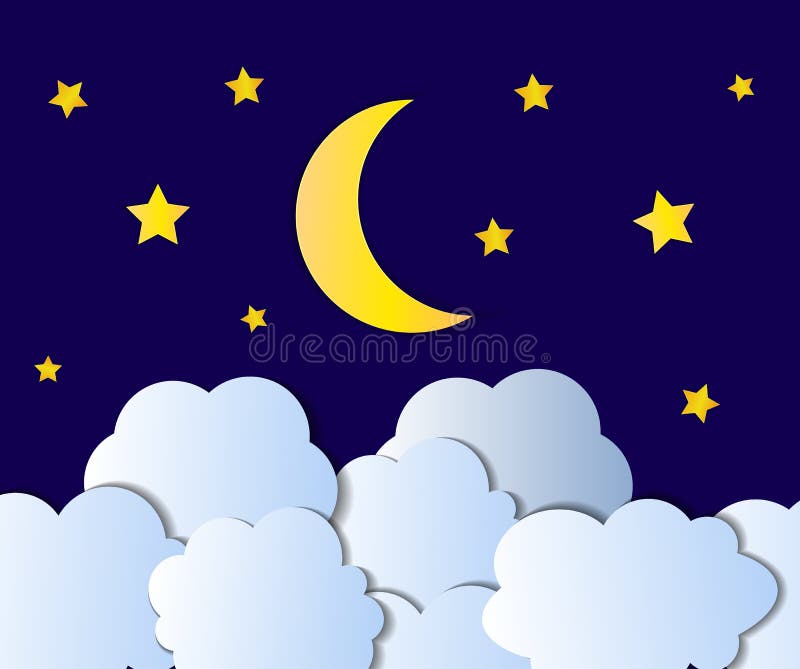 Vector Night Sky, Cartoon Illustration, Background, Bright Yellow Moon,  Stars and White Clouds Shining on Blue. Stock Vector - Illustration of  colorful, light: 132101831