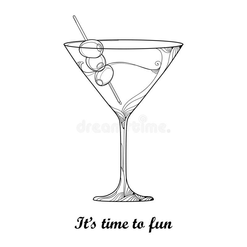 Vector o cocktail no vidro transparente de martini com o fruto verde-oliva no preto isolado no fundo branco Vidro do esboço para ilustração do vetor Vector o cocktail no vidro transparente de martini com o fruto verde-oliva no preto isolado no fundo branco Vidro do esboço para ilustração do vetor