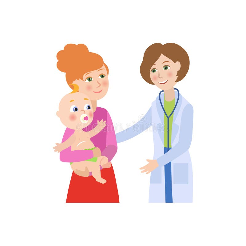 Vector o doutor fêmea liso, bebê infantil com mãe ilustração royalty free Vector o doutor fêmea liso, bebê infantil com mãe ilustração royalty free