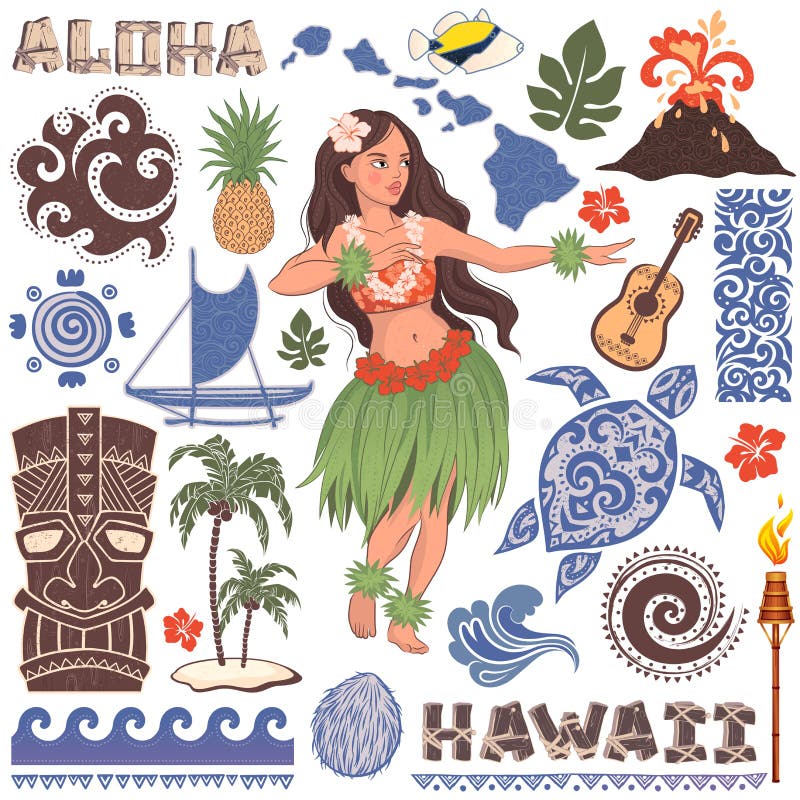 Conjunto retro vetorial de ícones e símbolos havaianos ilustração stock