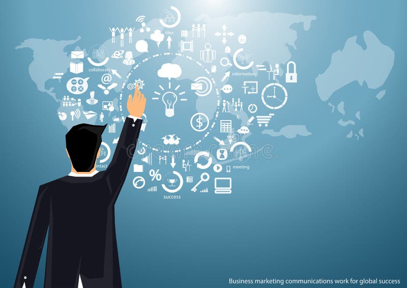 Vector o homem de negócios do mercado que trabalha em todo o mundo para comunicar-se com sucesso com o projeto liso do ícone do m ilustração do vetor Vector o homem de negócios do mercado que trabalha em todo o mundo para comunicar-se com sucesso com o projeto liso do ícone do m ilustração do vetor