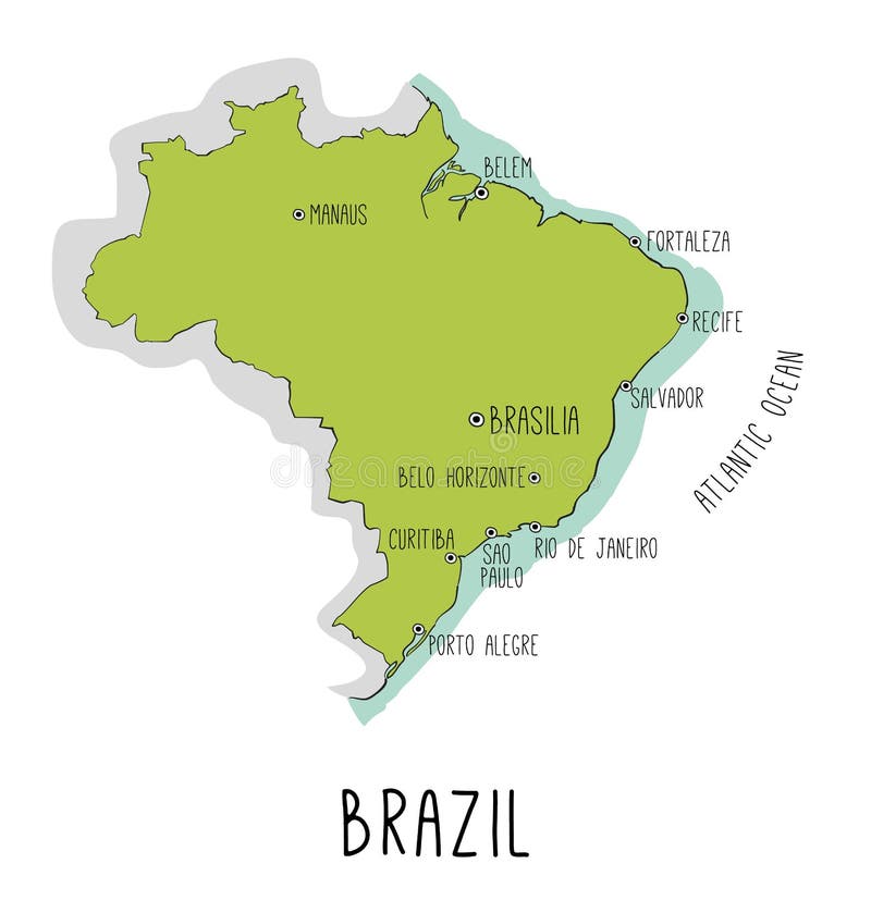 Vector o mapa tirado mão de Brasil com cidades principais ilustração stock Vector o mapa tirado mão de Brasil com cidades principais ilustração stock