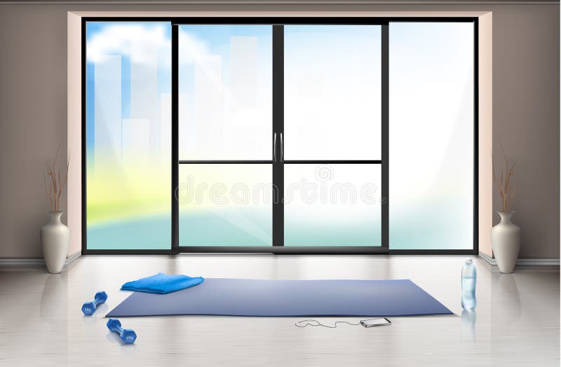 Vector o modelo do salão vazio do gym com porta de vidro ilustração royalty free Vector o modelo do salão vazio do gym com porta de vidro ilustração royalty free