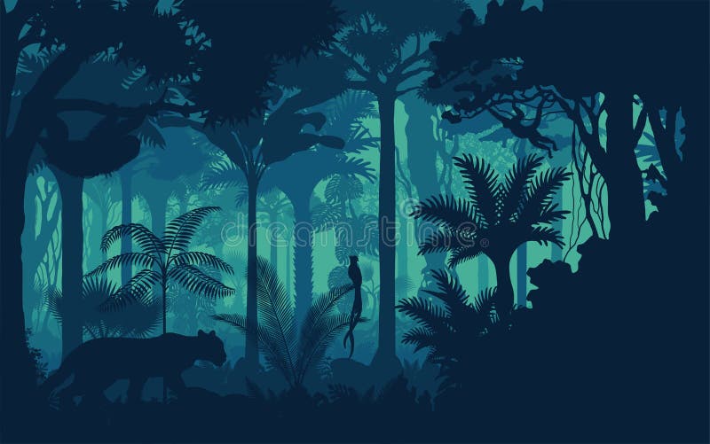 Vector o nivelamento do fundo tropical da selva da floresta úmida com jaguar, preguiça, macaco e qetzal ilustração royalty free Vector o nivelamento do fundo tropical da selva da floresta úmida com jaguar, preguiça, macaco e qetzal ilustração royalty free