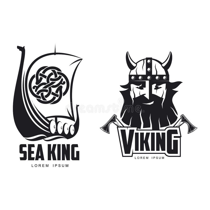 Vector vikings icon logo template design simple set flat isolated illustration on a white background. Axes and man in helmet with mustache and beard brutal portrait, wooden ship with sail image. Vector vikings icon logo template design simple set flat isolated illustration on a white background. Axes and man in helmet with mustache and beard brutal portrait, wooden ship with sail image