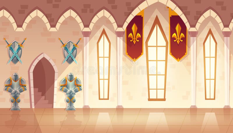 Salão vetorial em castelo medieval, salão de baile real ilustração royalty free