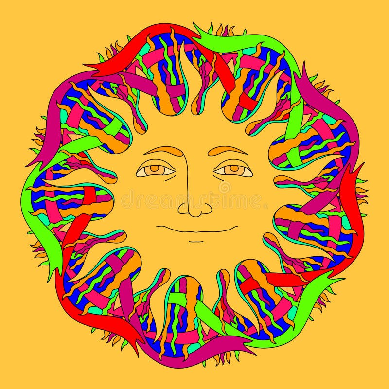 Vector o sol tirado mão e fitas coloridas no amarelo ilustração do vetor Vector o sol tirado mão e fitas coloridas no amarelo ilustração do vetor