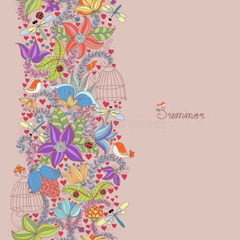 Vector o teste padrão com flores, plantas, pássaros e insetos Flores florais e plantas de mola-verão do fundo ilustração stock Vector o teste padrão com flores, plantas, pássaros e insetos Flores florais e plantas de mola-verão do fundo ilustração stock
