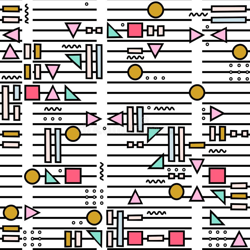 Vector o teste padrão sem emenda abstrato com formas geométricas no fundo listrado Estilo de Memphis ilustração stock Vector o teste padrão sem emenda abstrato com formas geométricas no fundo listrado Estilo de Memphis ilustração stock