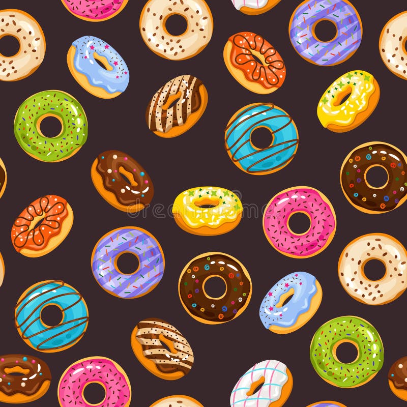 Vector o teste padrão sem emenda com esmalte colorido e polvilha a filhós do chocolate dos anéis de espuma ilustração stock Vector o teste padrão sem emenda com esmalte colorido e polvilha a filhós do chocolate dos anéis de espuma ilustração stock