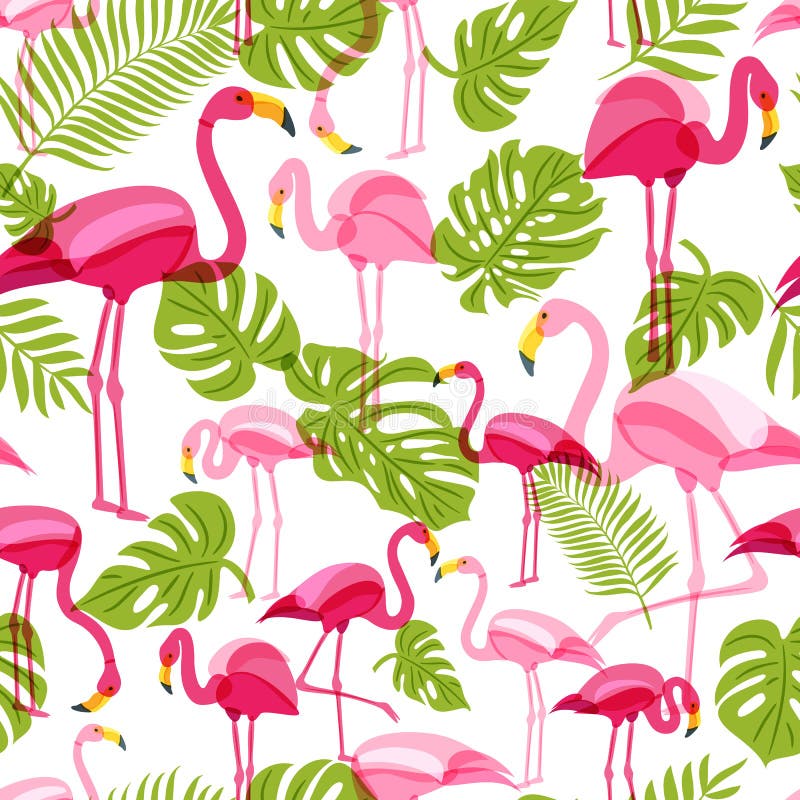 Vector o teste padrão sem emenda com flamingo cor-de-rosa e as folhas verdes da palmeira Fundo tropical do verão ilustração stock